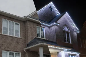 a split image showing a home with permanent holiday lighting in both the day time and night time