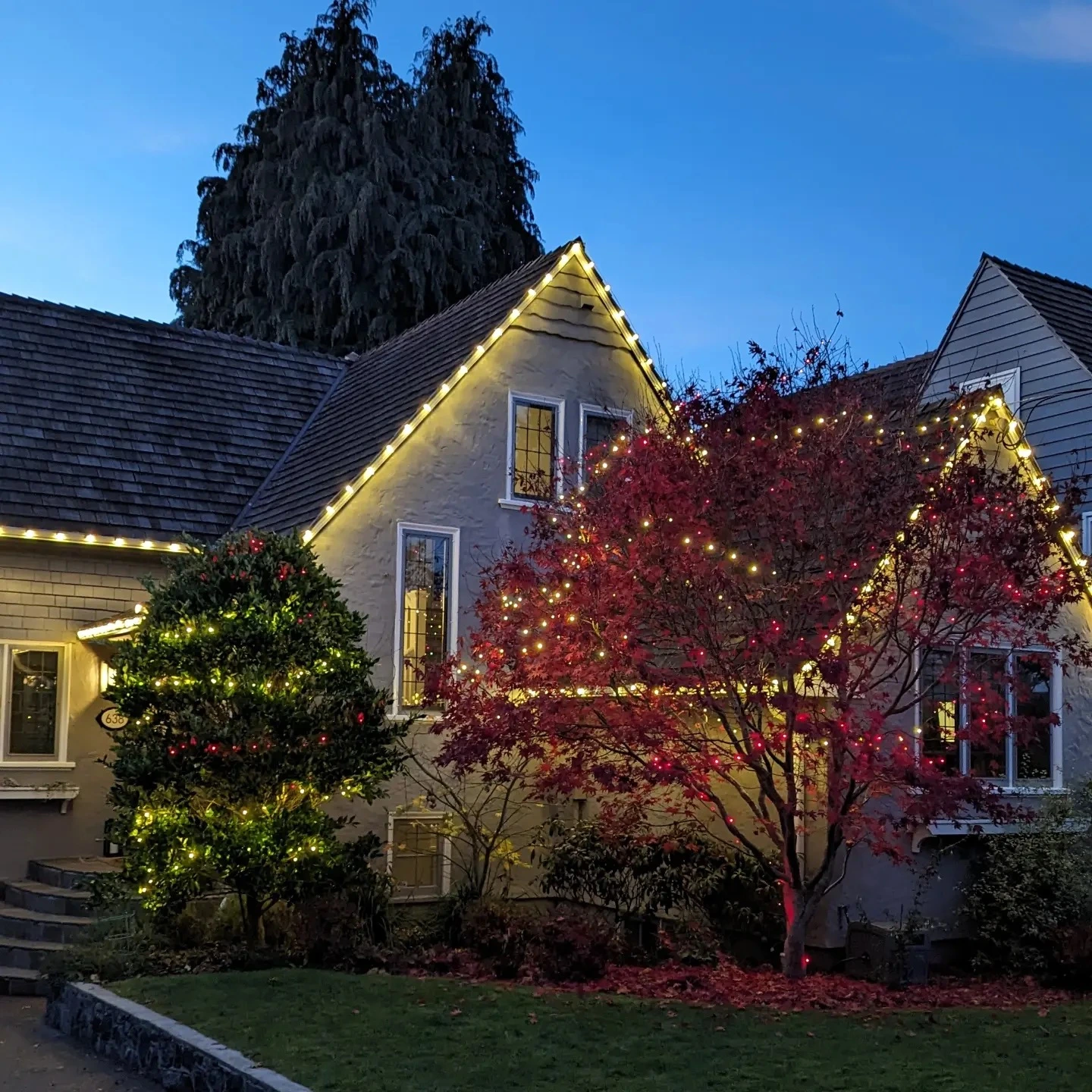 Oak Bay home lit up by Christmas lights at night, installed by Light Right