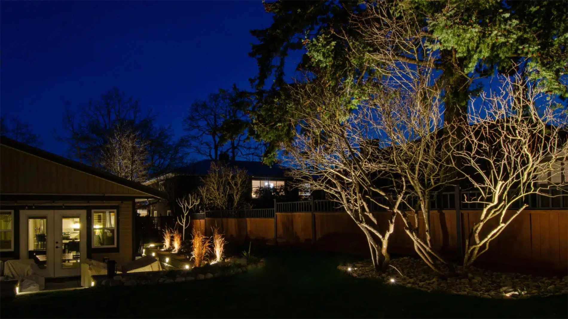 a Victoria garden lit up at night by professional landscape lighting