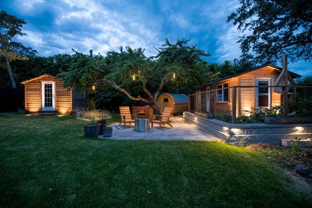 backyard oasis with professional landscape lighting