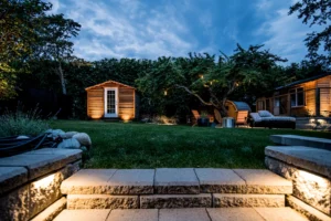landscape lighting on patio stairs in Victoria backyard