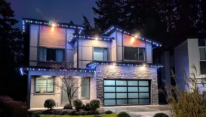 Multi-level house with Celebright Permanent Holiday Lighting at night