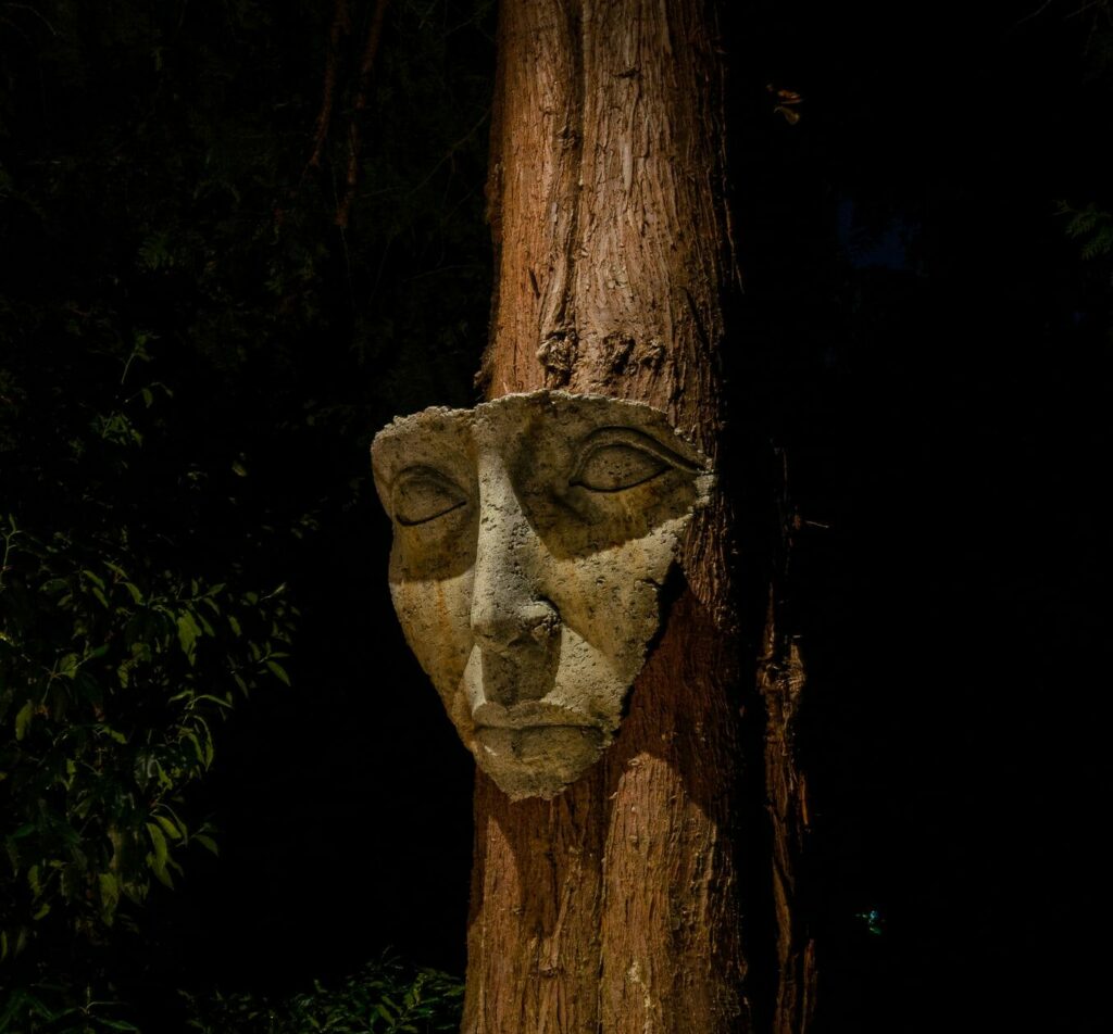 Face sculpture illuminated